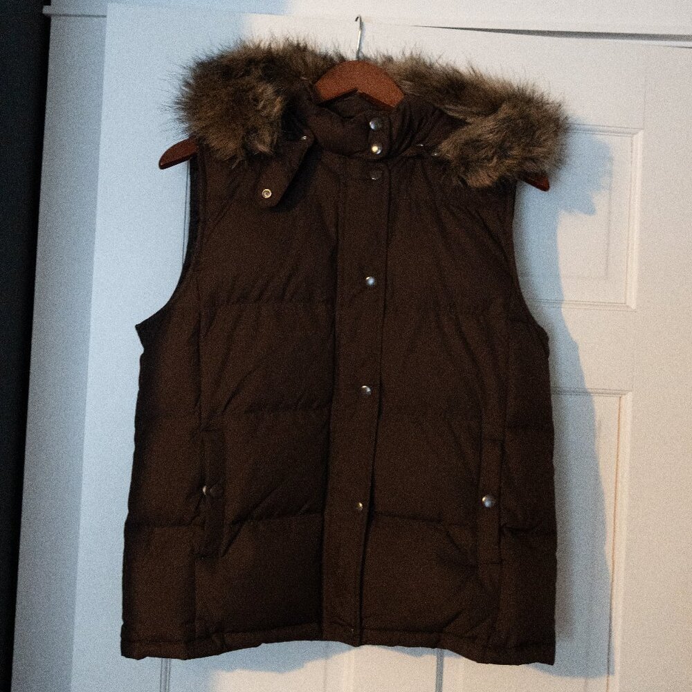 GAP Brown Puffy Vest with Faux Fur Lined Hood Size Medium